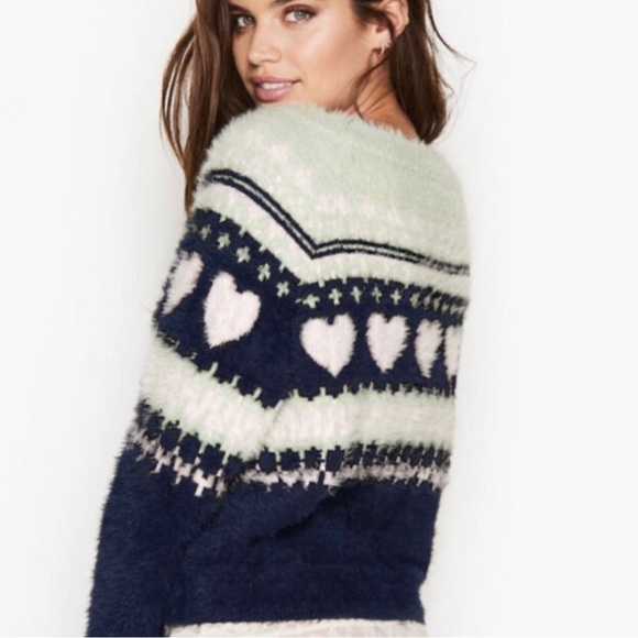 Victorias Secret Fluffy Fair Isle Mint and Navy Heart Sweater - Picture 2 of 7